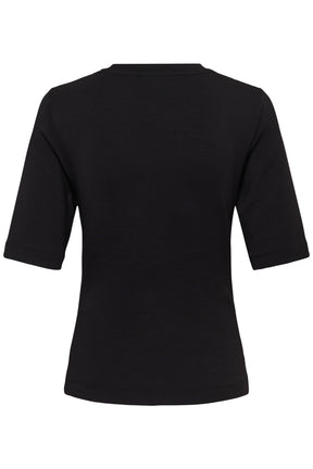 Vue arrière d’un T-Shirt noir uni à manches courtes, col rond, ourlet droit et coutures ton sur ton pour femme par InWear