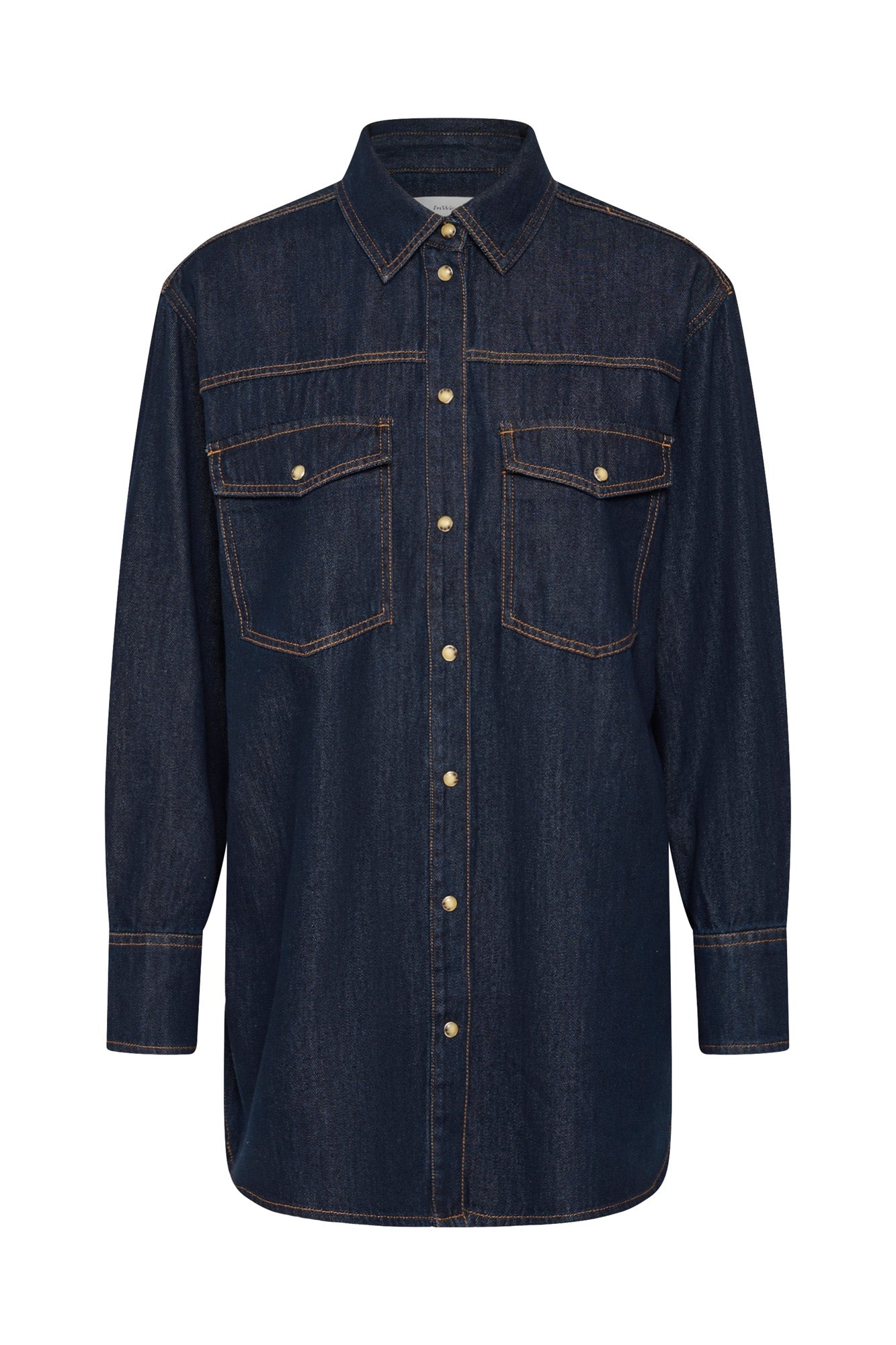 Vue avant produit d’un blouse manches longues en denim foncé avec col pointu et patte pressionnée pour femme par InWear