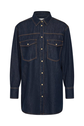 Vue avant produit d’un blouse manches longues en denim foncé avec col pointu et patte pressionnée pour femme par InWear