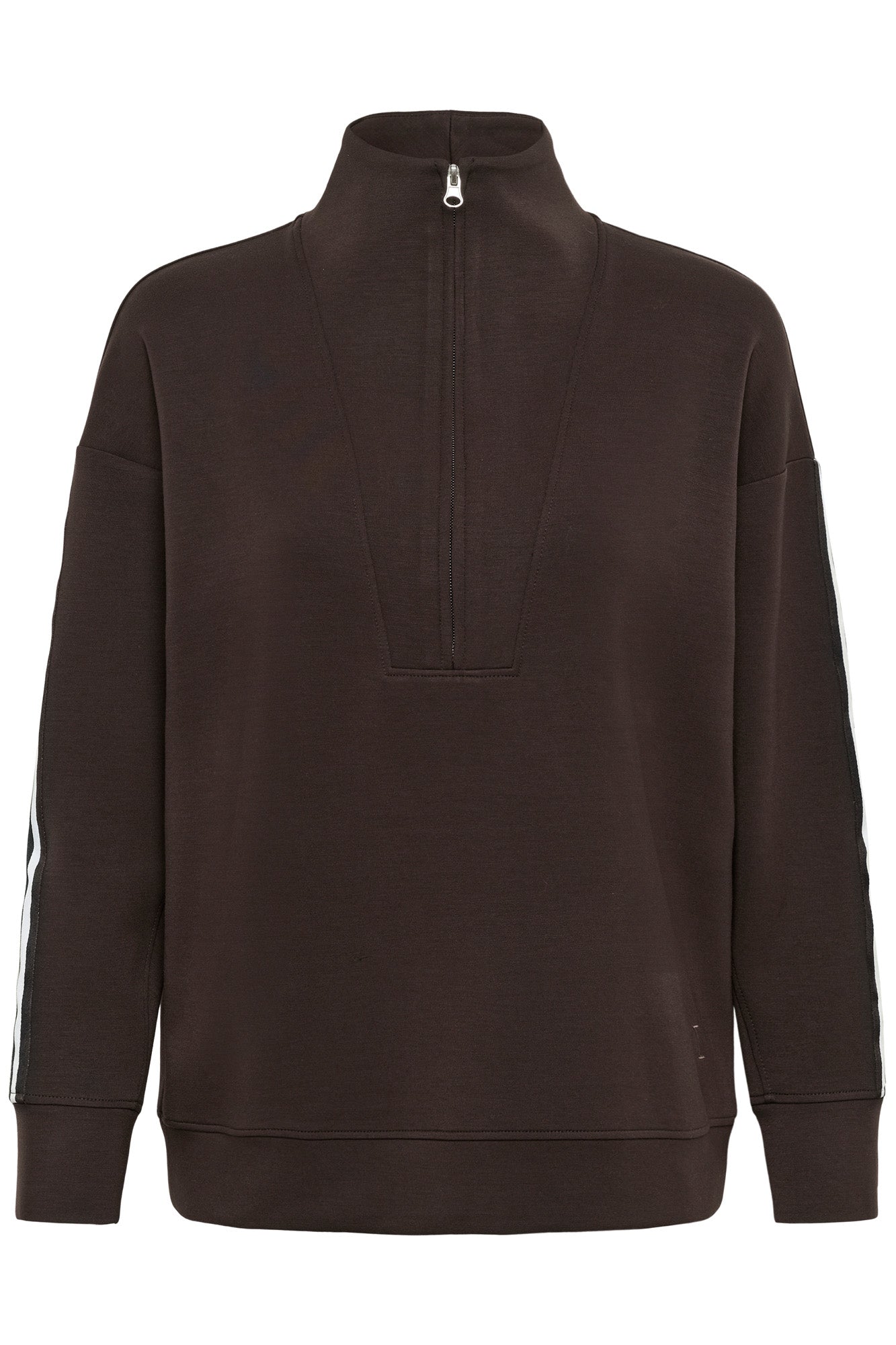 Vue de face du chandail molletonné brun foncé à demi-fermeture éclair, col montant pour femme par InWear