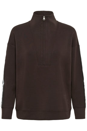 Vue de face du chandail molletonné brun foncé à demi-fermeture éclair, col montant pour femme par InWear