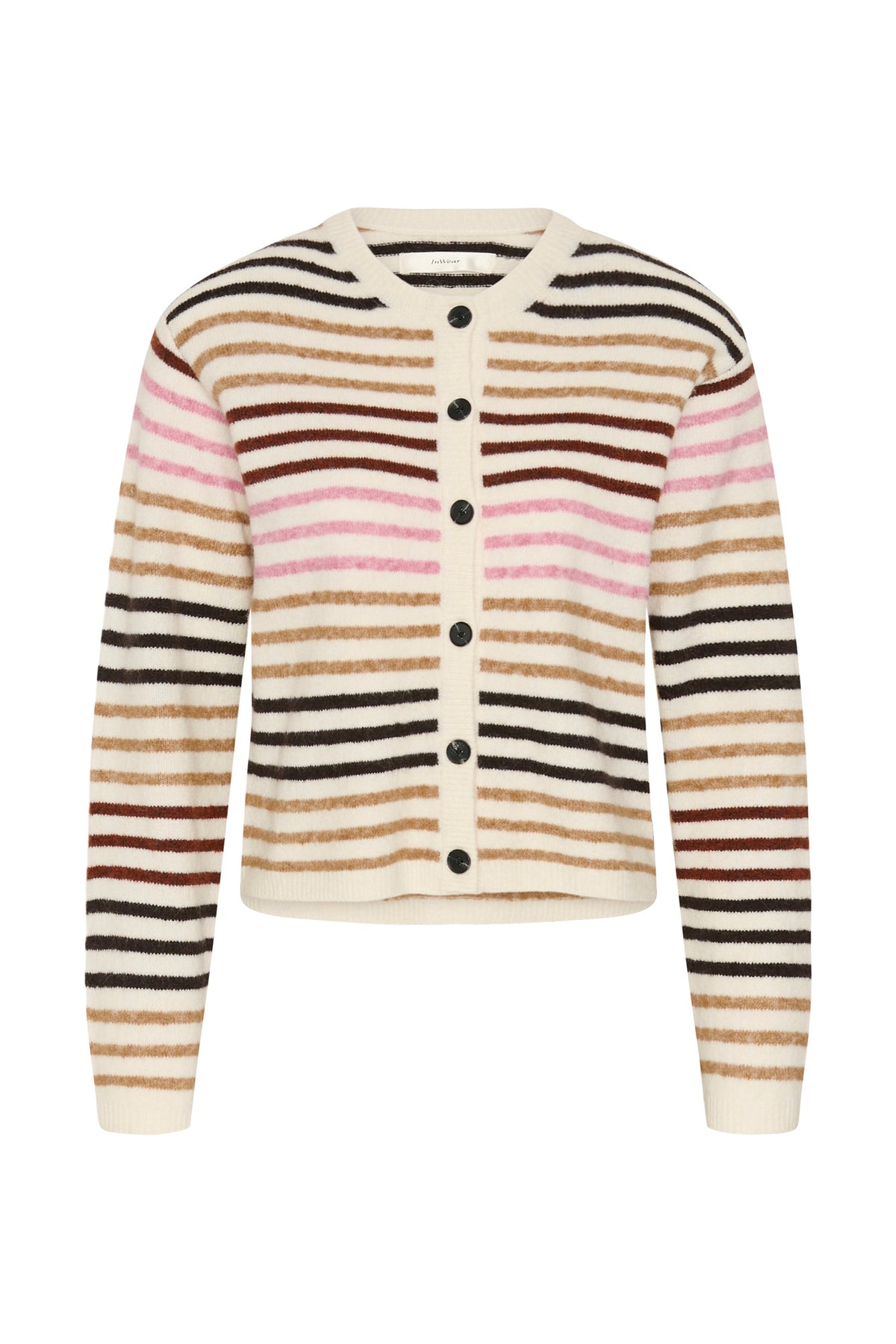 Cardigan tricot crème rayé avec col rond et boutons noirs pour femme par InWear, vue de face