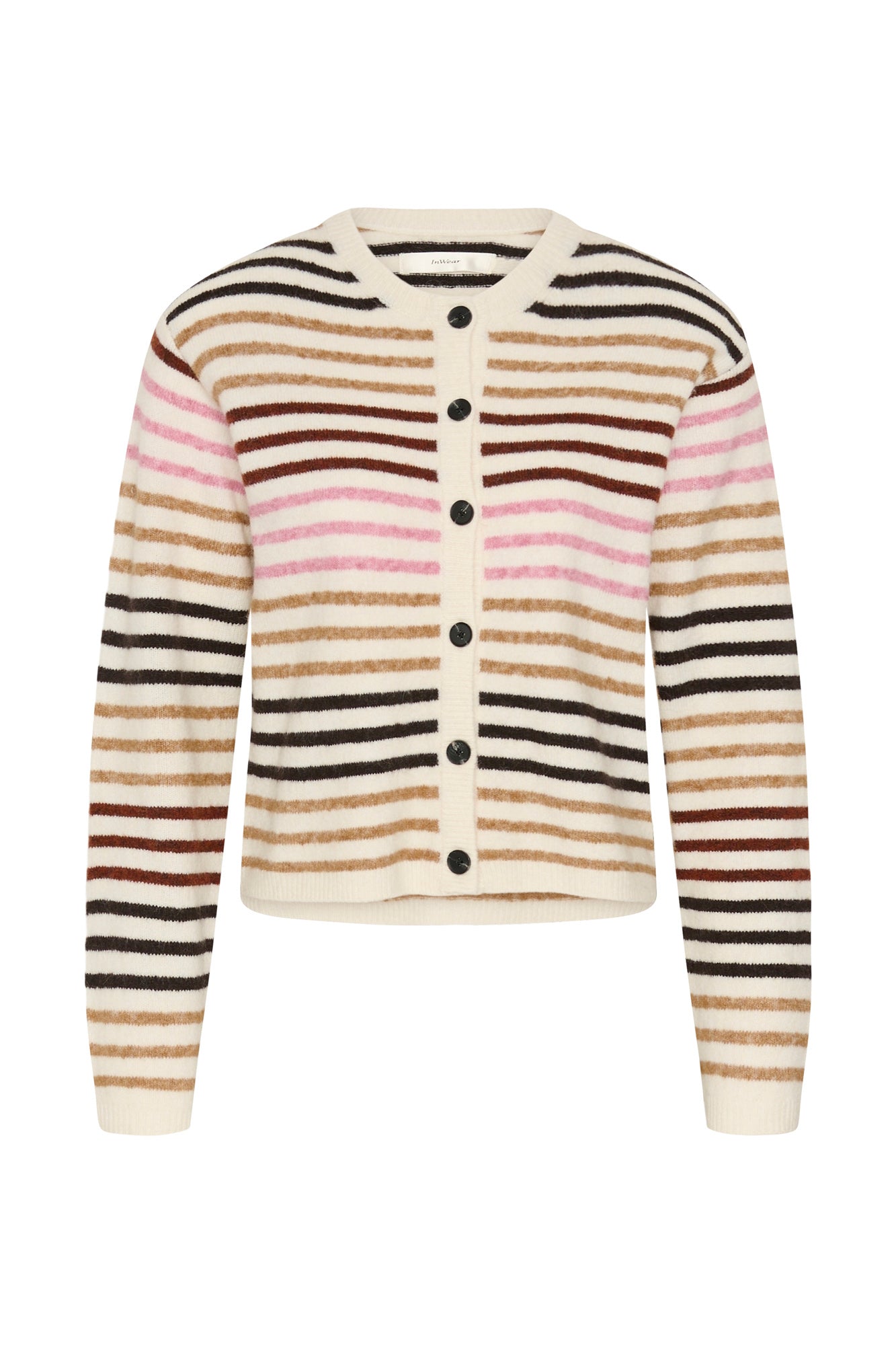 Cardigan tricot crème rayé avec col rond et boutons noirs pour femme par InWear, vue de face