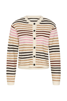 Cardigan tricot crème rayé avec col rond et boutons noirs pour femme par InWear, vue de face