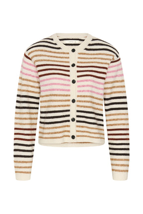 Cardigan tricot crème rayé avec col rond et boutons noirs pour femme par InWear, vue de face