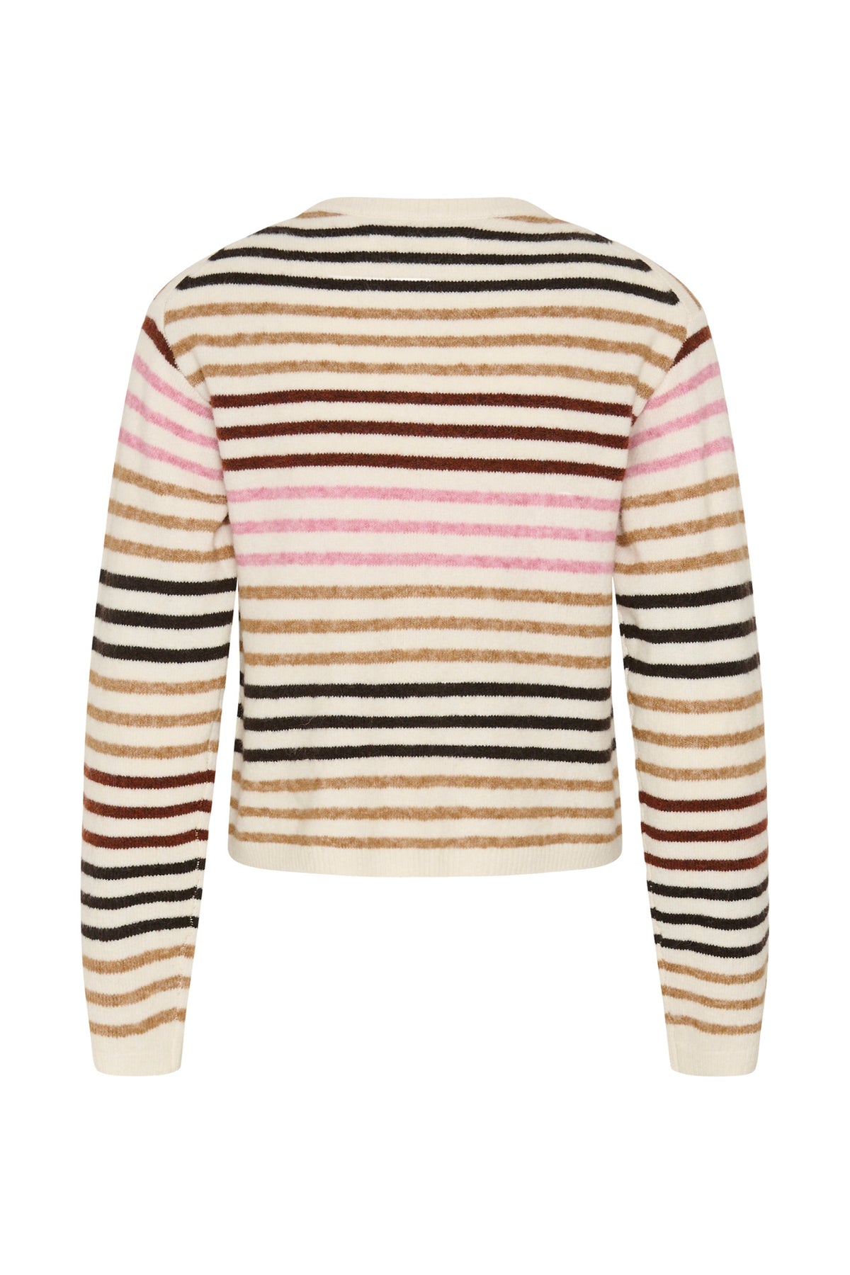 Cardigan tricot crème à rayures horizontales noires, tan, brunes et roses pour femme par InWear, vue de dos