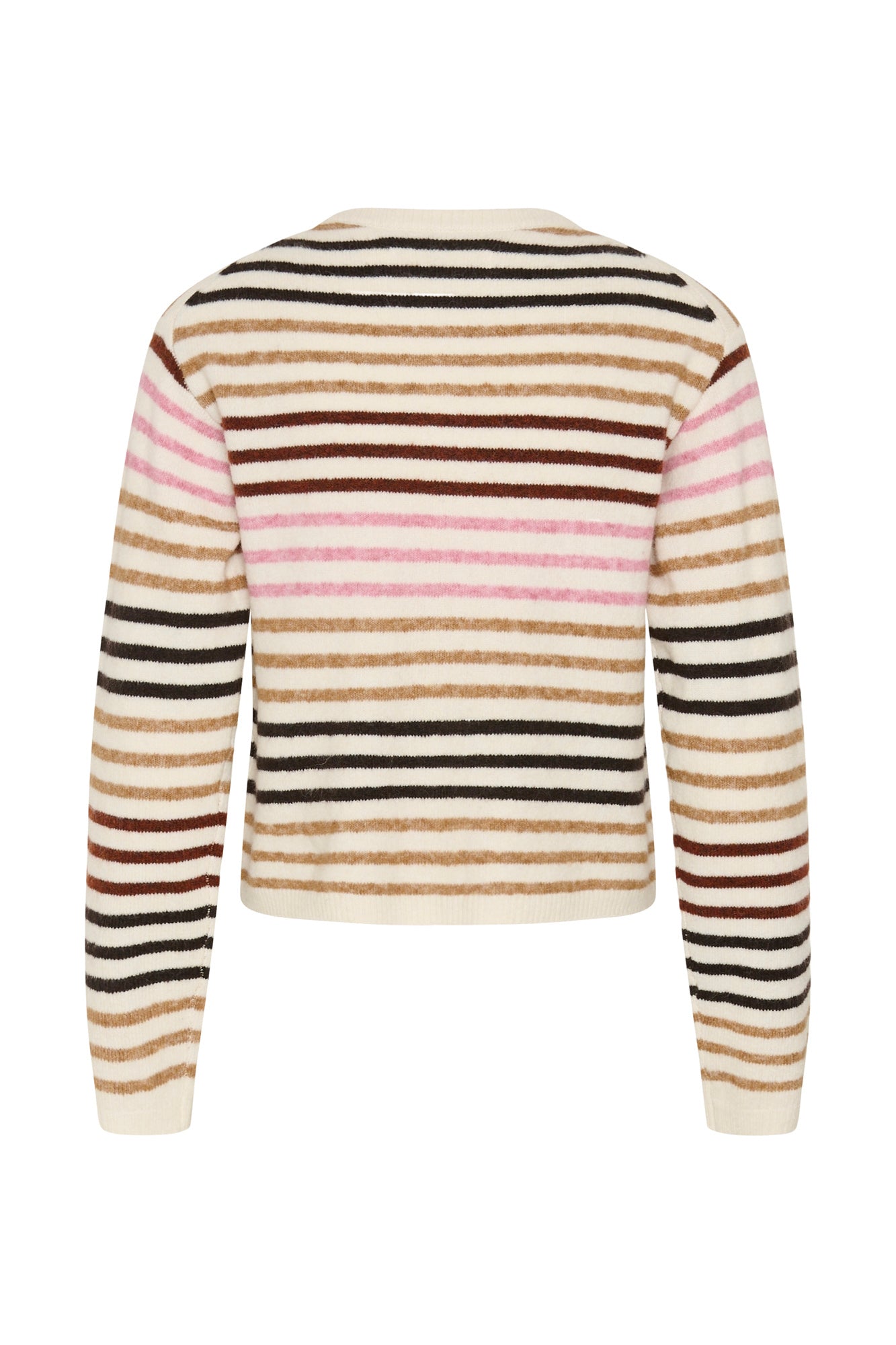 Cardigan tricot crème à rayures horizontales noires, tan, brunes et roses pour femme par InWear, vue de dos