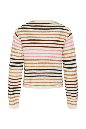 Cardigan tricot crème à rayures horizontales noires, tan, brunes et roses pour femme par InWear, vue de dos