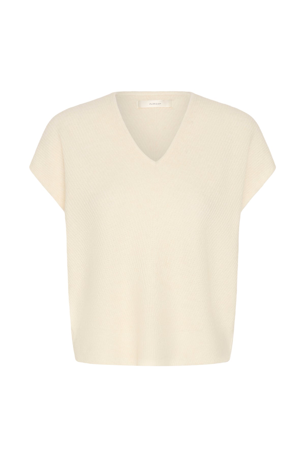 Vue avant du T-Shirt en tricot côtelé crème à col en V, manches courtes et étiquette au cou pour femme par InWear