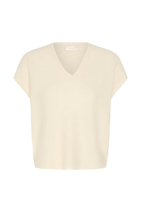 Vue avant du T-Shirt en tricot côtelé crème à col en V, manches courtes et étiquette au cou pour femme par InWear