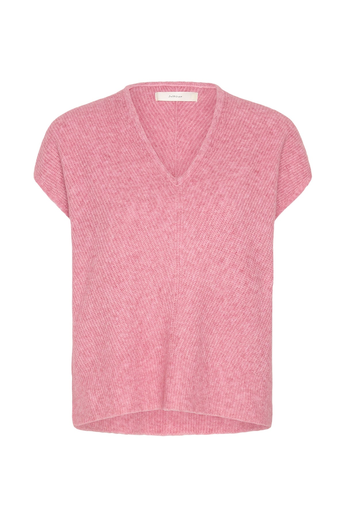 Veste en tricot côtelé rose duveteux à encolure en V et manches courtes pour femme par InWear, vue de face