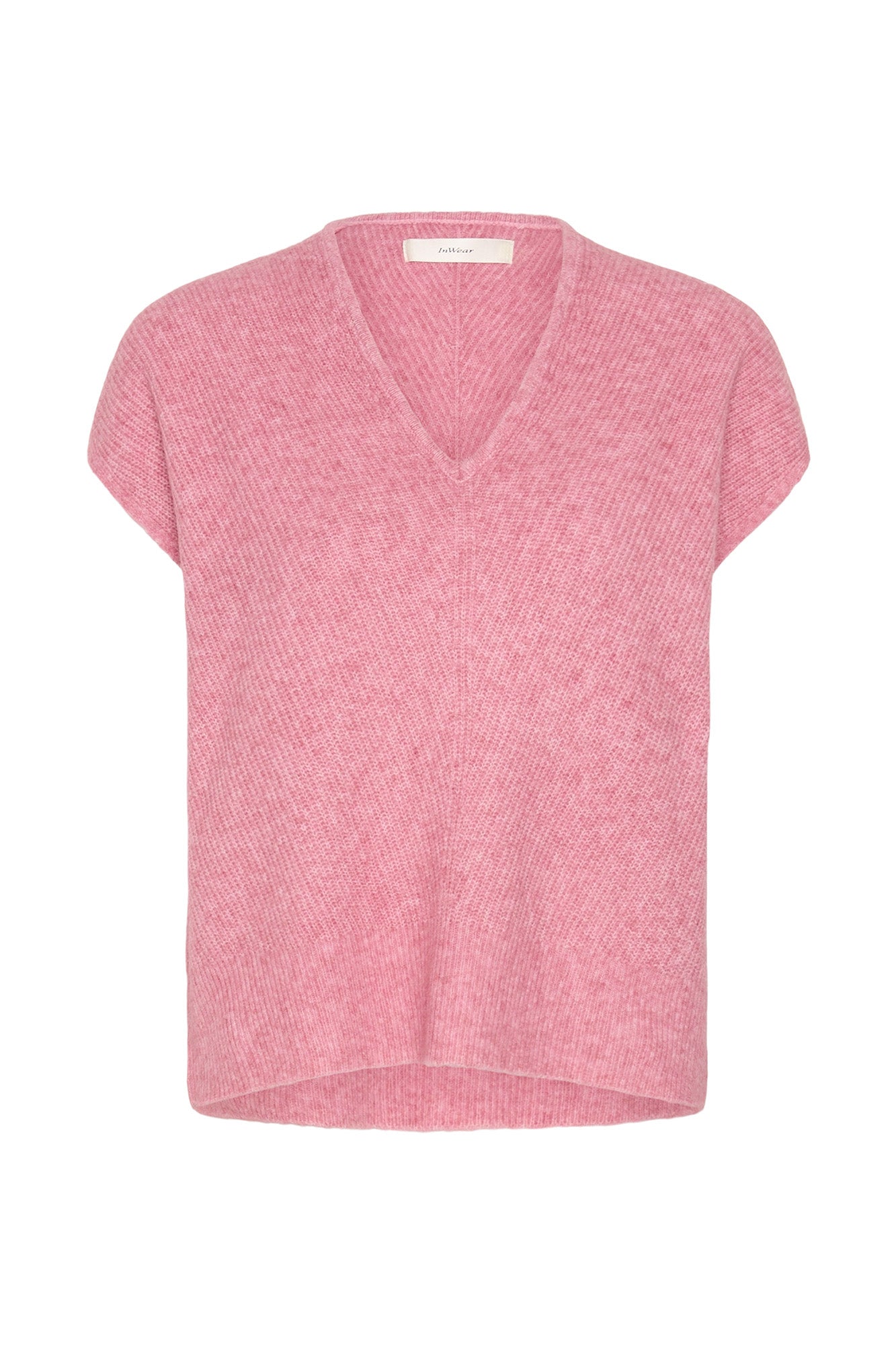 Veste en tricot côtelé rose duveteux à encolure en V et manches courtes pour femme par InWear, vue de face