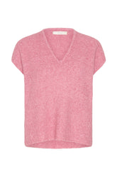 Veste en tricot côtelé rose duveteux à encolure en V et manches courtes pour femme par InWear, vue de face