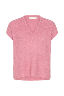 Veste en tricot côtelé rose duveteux à encolure en V et manches courtes pour femme par InWear, vue de face