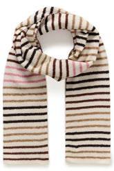Foulard en tricot côtelé ivoire à rayures noires, tan, brunes et roses, montré noué, vue produit pour femme par InWear