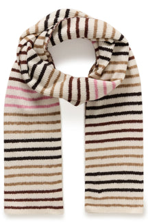 Foulard en tricot côtelé ivoire à rayures noires, tan, brunes et roses, montré noué, vue produit pour femme par InWear