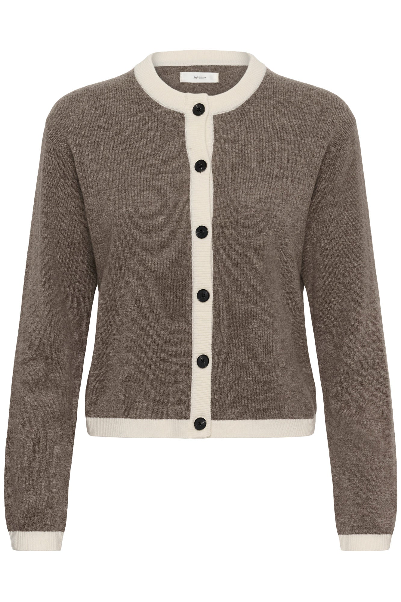 Chandail manches longues en tricot taupe isolé de face avec bordures côtelées crème et boutons noirs pour femme par InWear