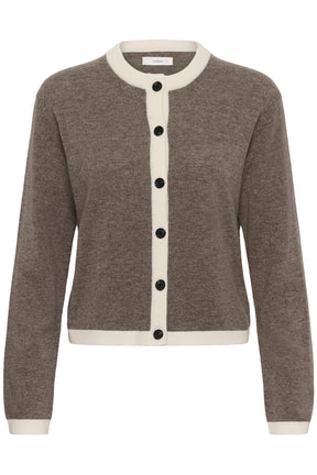 Chandail manches longues en tricot taupe isolé de face avec bordures côtelées crème et boutons noirs pour femme par InWear