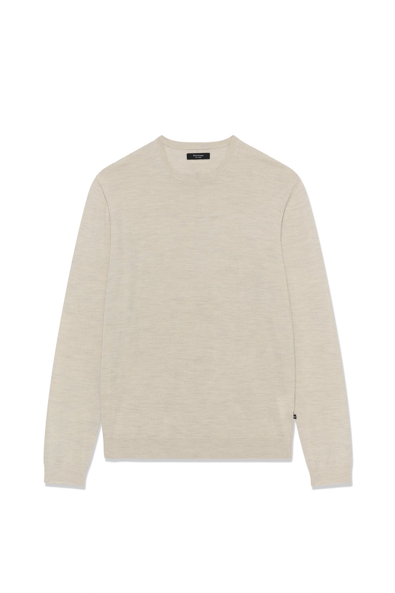 Matinique men's light beige crewneck knit long-sleeve knit sweater with ribbed trims and side tab shown from the front