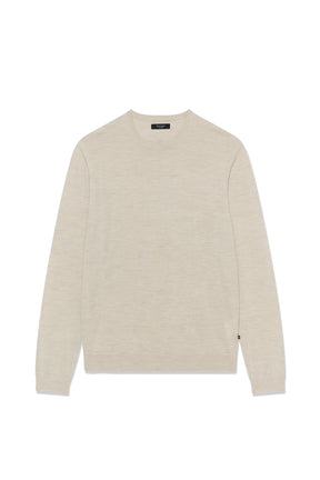 Matinique men's light beige crewneck knit long-sleeve knit sweater with ribbed trims and side tab shown from the front