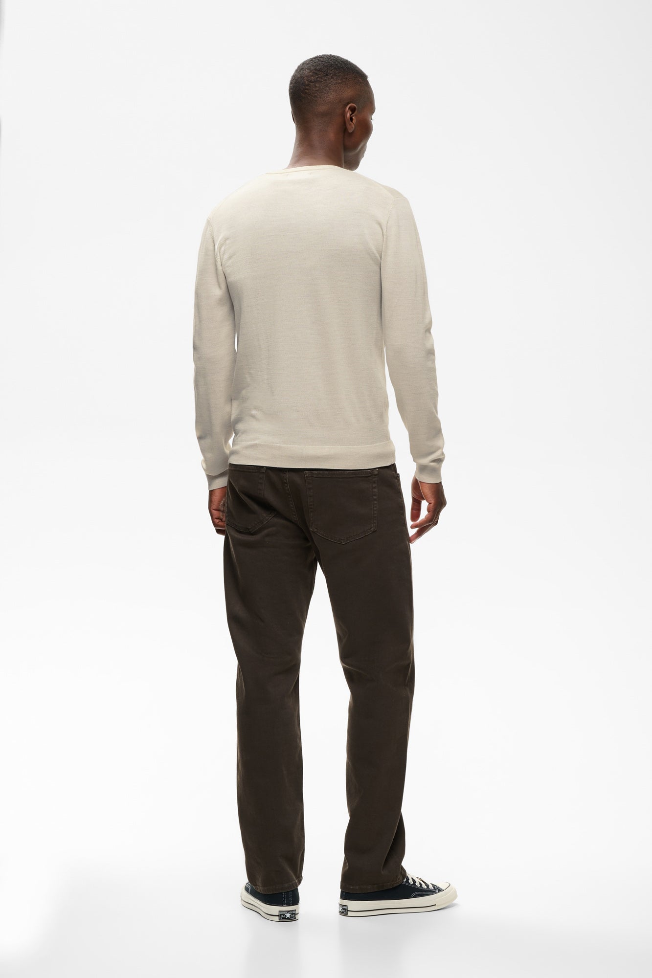 Matinique men's light beige crewneck knit long-sleeve knit sweater with straight ribbed hem, back model view