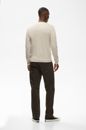 Matinique men's light beige crewneck knit long-sleeve knit sweater with straight ribbed hem, back model view