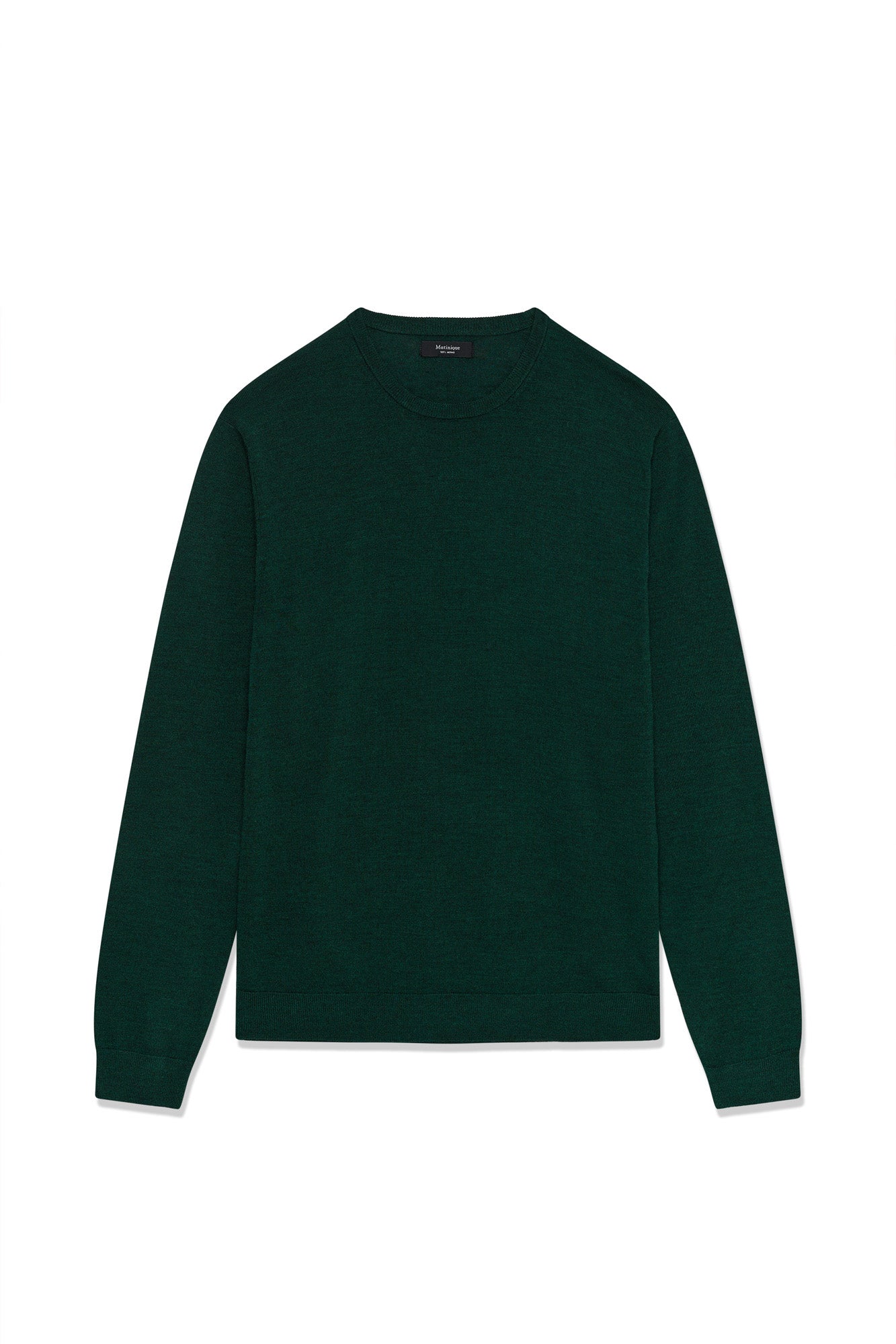 Vue isolée avant du chandail en tricot vert foncé à manches longues et ourlet côtelé pour homme par Matinique