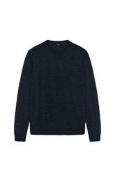 Chandail en tricot bleu marine foncé isolé de face, manches longues, poignets et ourlet côtelés pour homme par Matinique