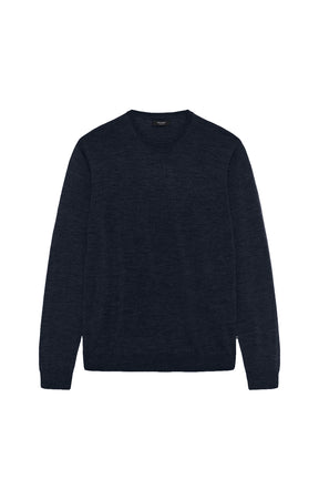 Chandail en tricot bleu marine foncé isolé de face, manches longues, poignets et ourlet côtelés pour homme par Matinique