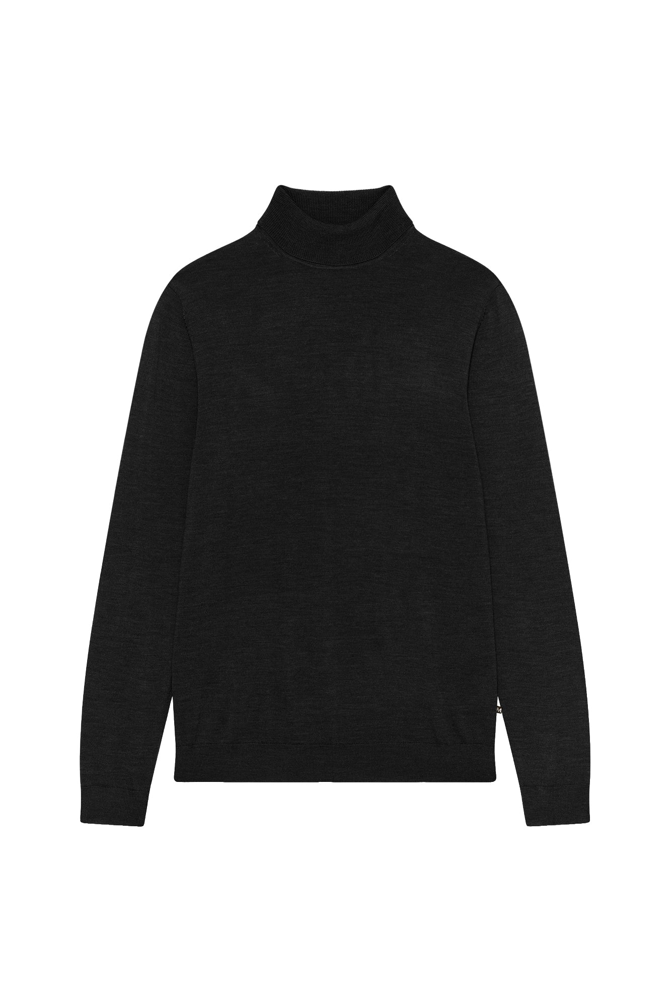 Chandail manches longues noir à col roulé avec col, poignets et ourlet côtelés pour homme par Matinique, vue isolée de face
