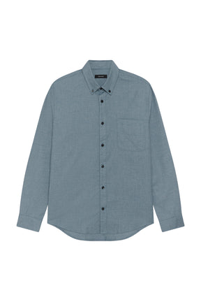 Chemise à manches longues bleue-gris isolée, vue avant avec manches longues et boutons noirs pour homme par Matinique