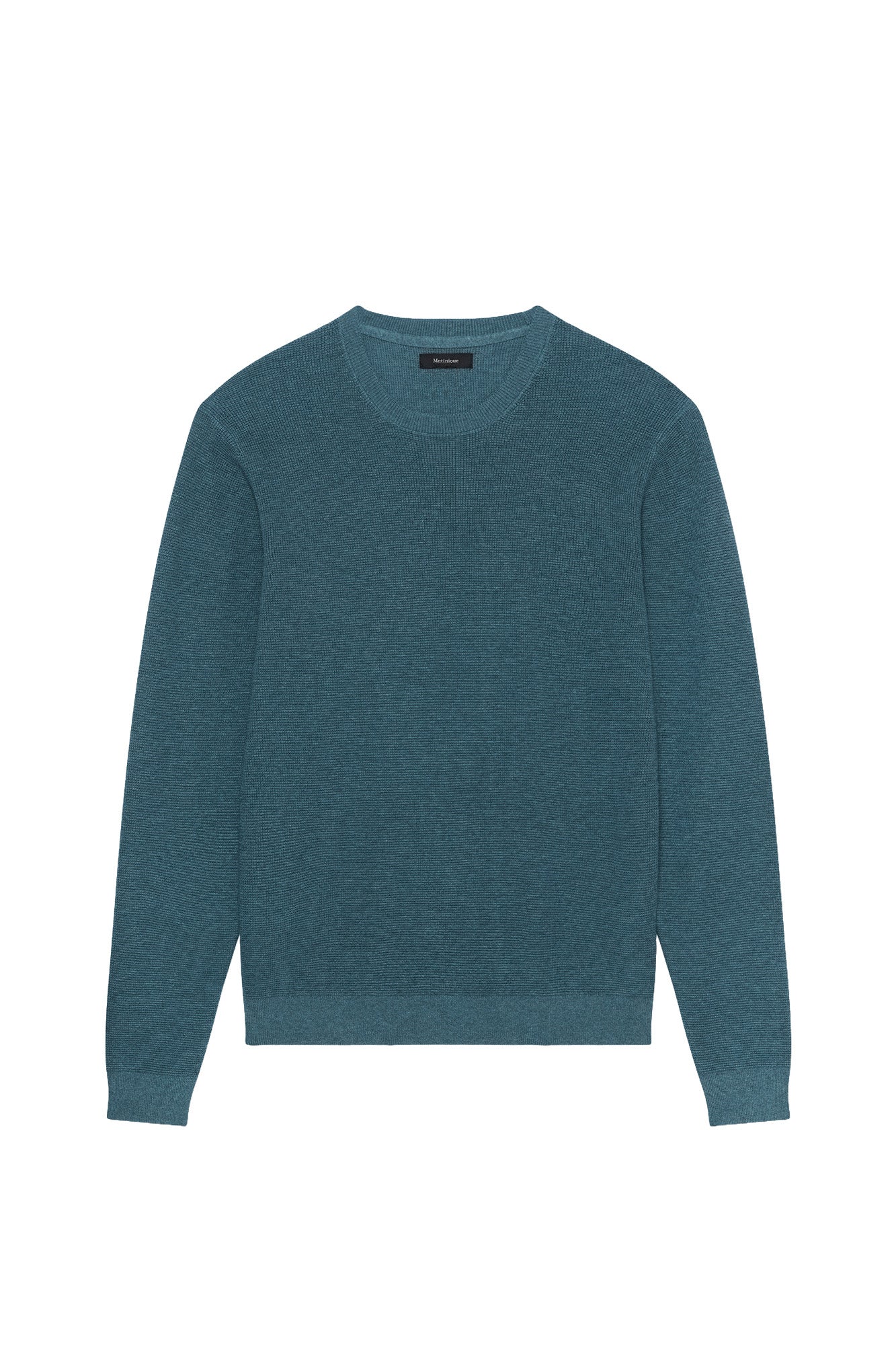 Matinique men's teal crewneck knit long-sleeve knit sweater front product view with ribbed cuffs and bottom hem
