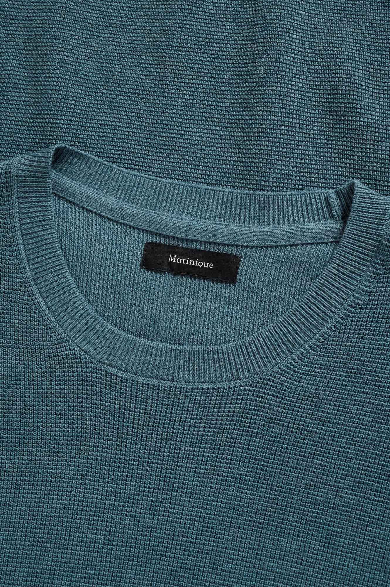 Matinique men's teal knit long-sleeve knit sweater crewneck with ribbed trim and inner label, close-up