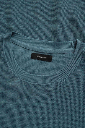 Matinique men's teal knit long-sleeve knit sweater crewneck with ribbed trim and inner label, close-up