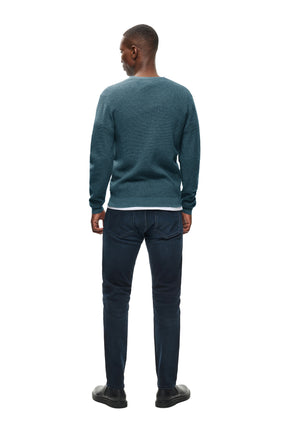 Matinique men's teal crewneck knit long-sleeve knit sweater showing plain textured knit back, back model view