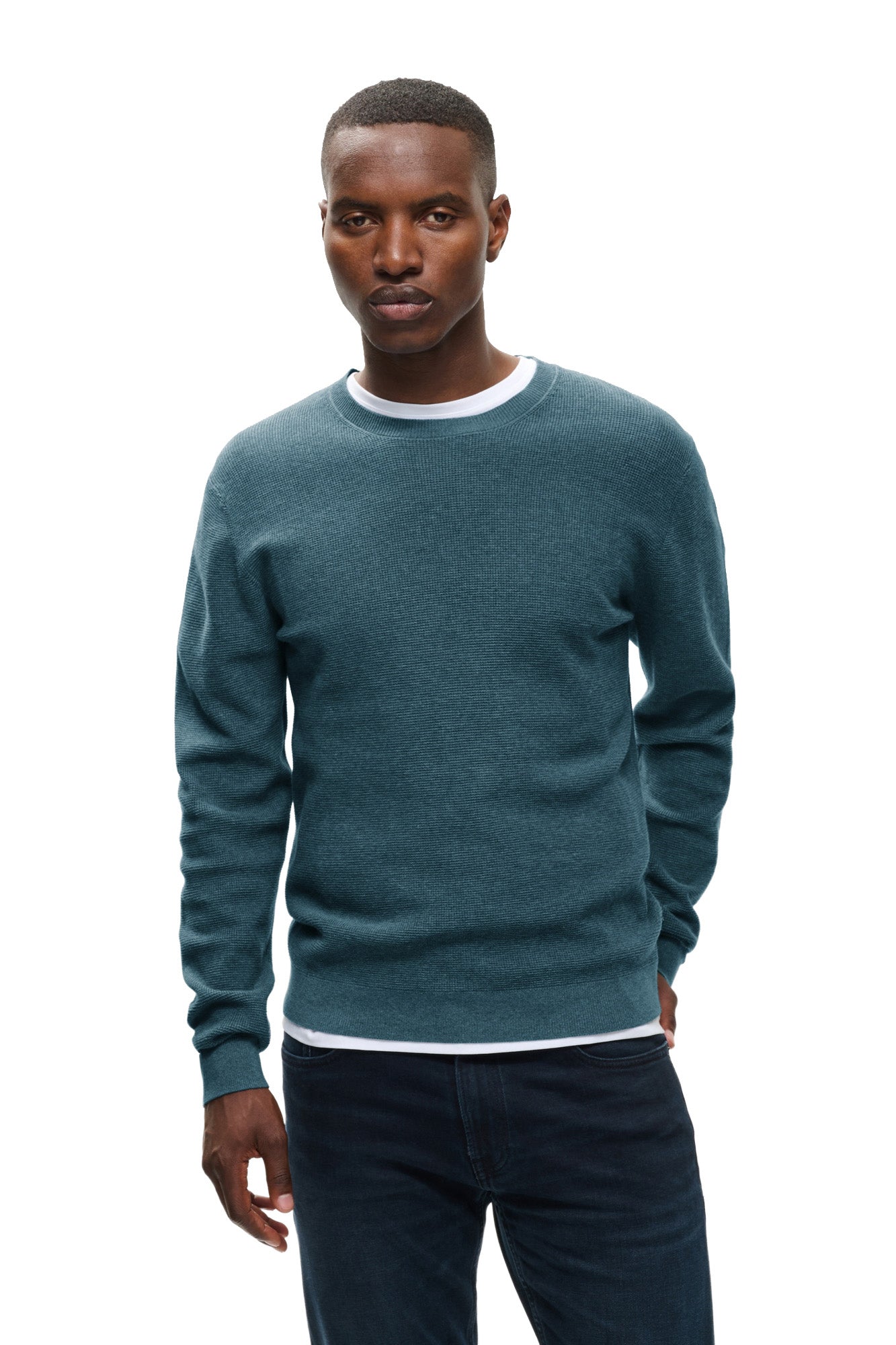 Matinique men's teal crewneck knit long-sleeve knit sweater with ribbed collar, cuffs, and hem, front model view
