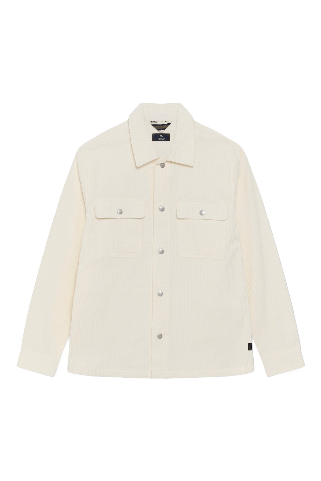 Chemise à manches longues en velours côtelé ivoire, vue de face avec boutons-pression pour homme par Matinique