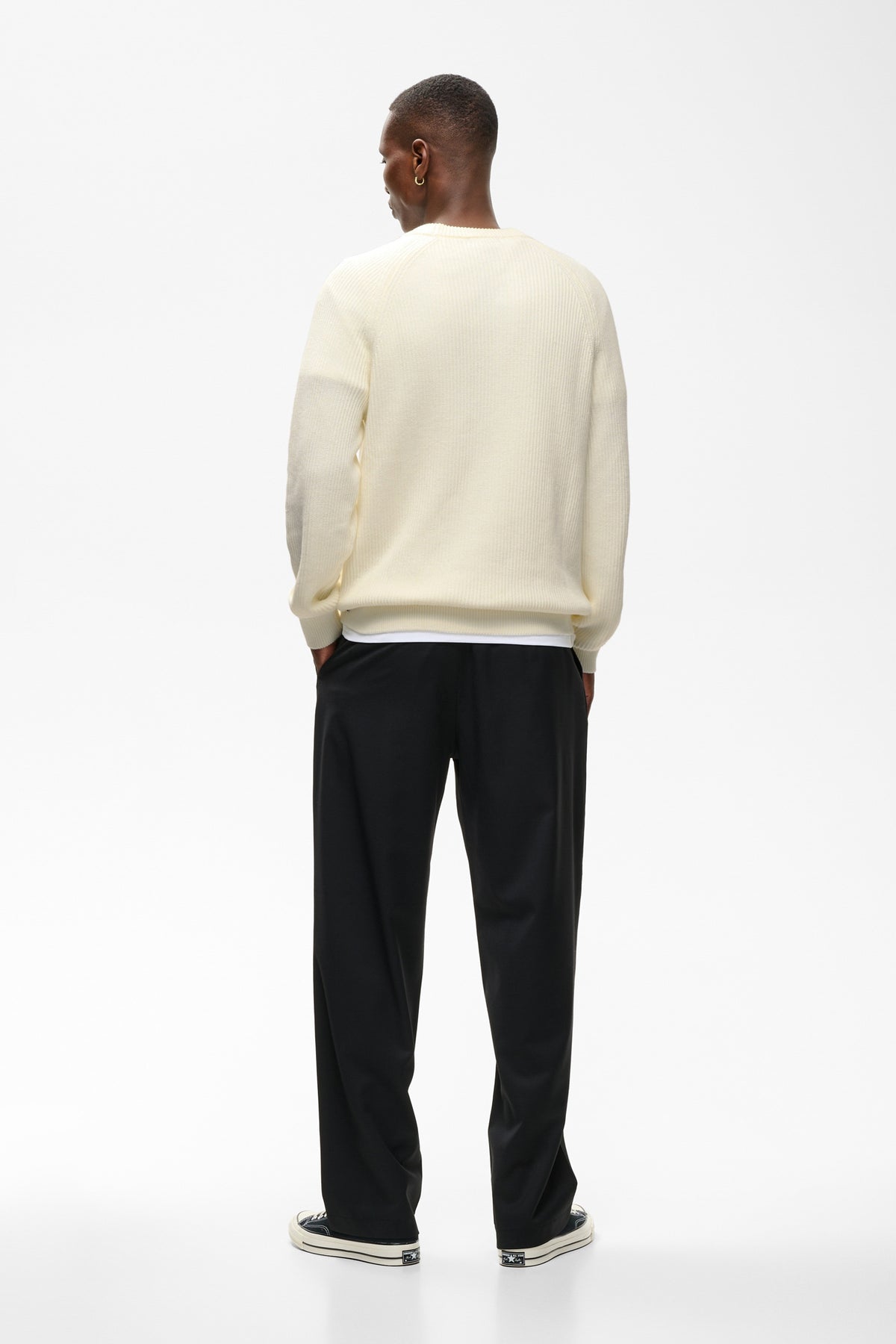 Matinique men's cream knit crewneck long-sleeve knit sweater with raglan sleeves and ribbed cuffs, back view