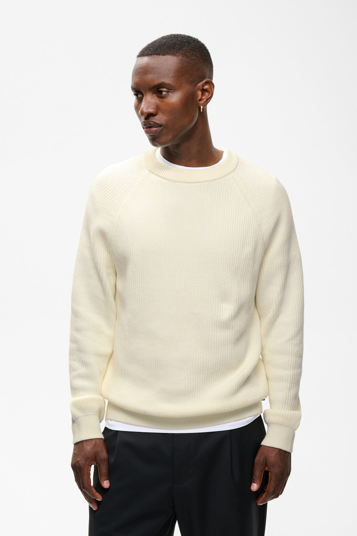 Matinique men's cream long sleeve knit crewneck sweater with raglan sleeves and ribbed hem shown from the front