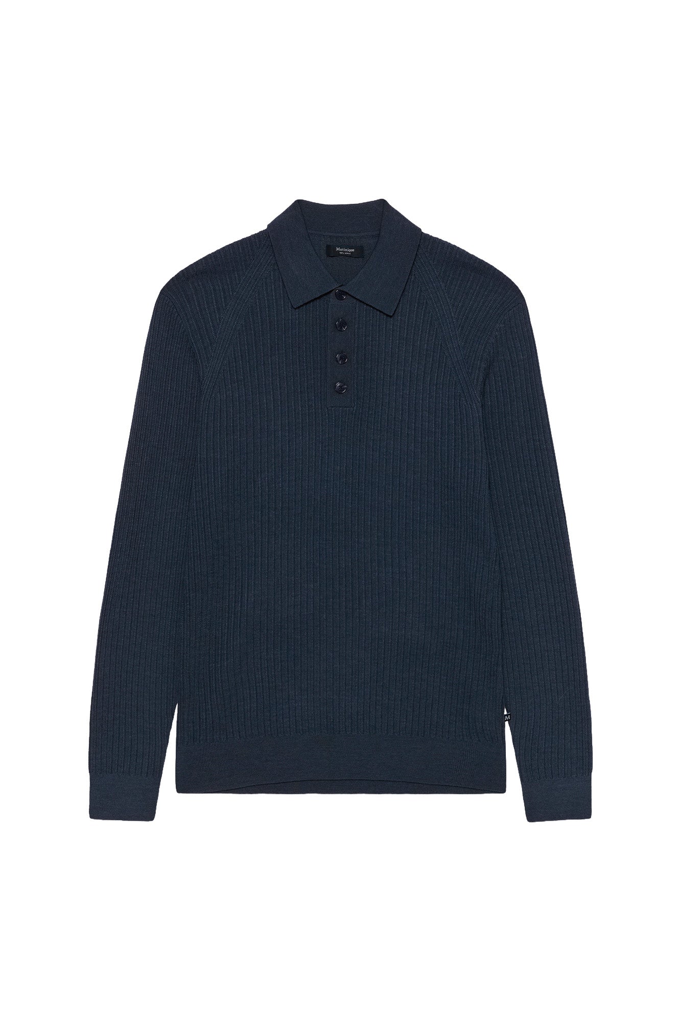 Polo côtelé bleu marine à manches longues, avec col et poignets côtelés pour homme par Matinique, vue isolée de face