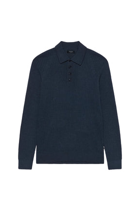 Polo côtelé bleu marine à manches longues, avec col et poignets côtelés pour homme par Matinique, vue isolée de face