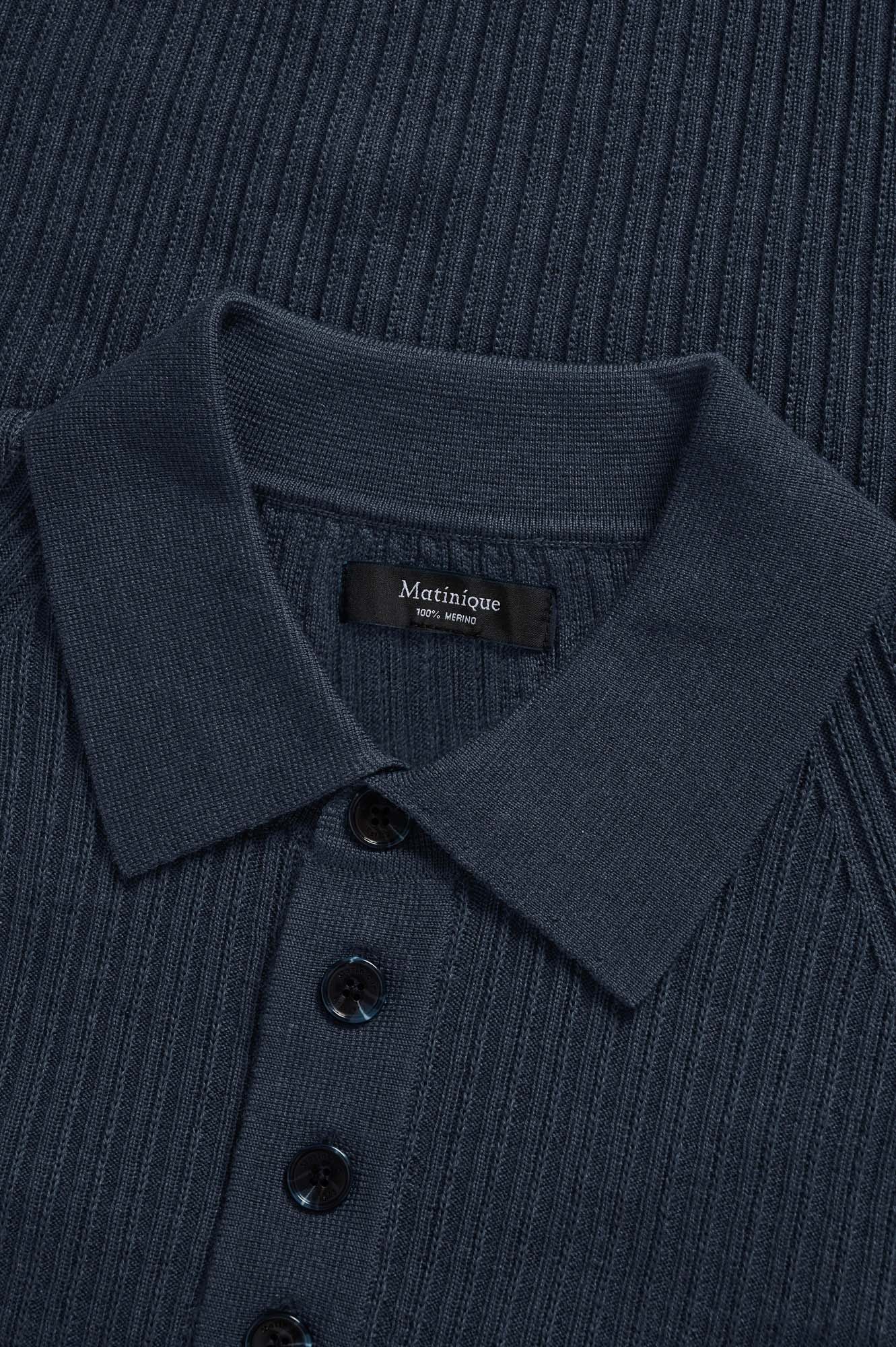 Matinique men's close detail of dark navy ribbed knit long-sleeve polo collar, button placket, and inner neck label