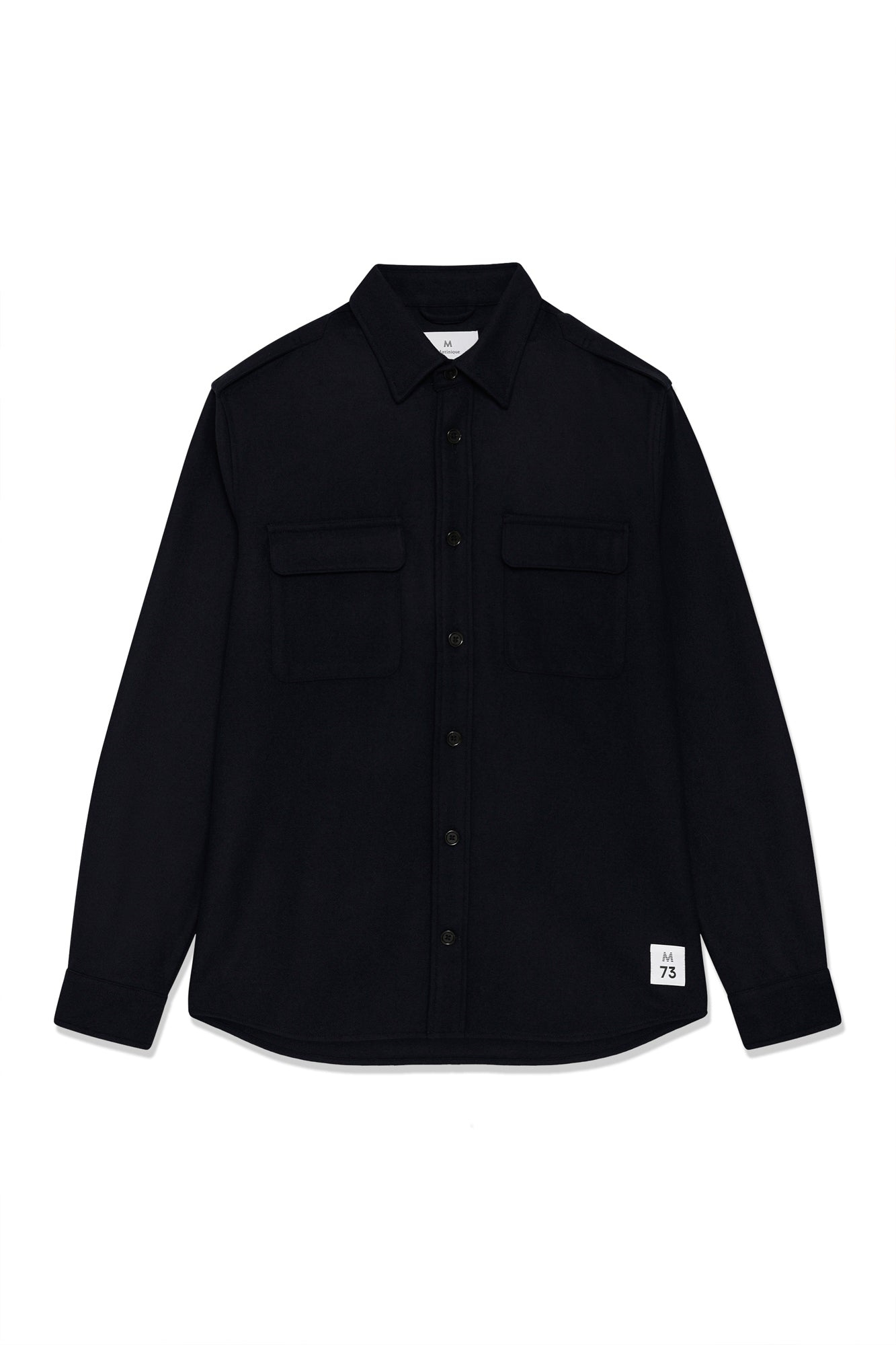 Men's black button-front overshirt with spread collar, chest flap pockets, and small lower patch, product view by Matinique