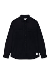 Men's black button-front overshirt with spread collar, chest flap pockets, and small lower patch, product view by Matinique
