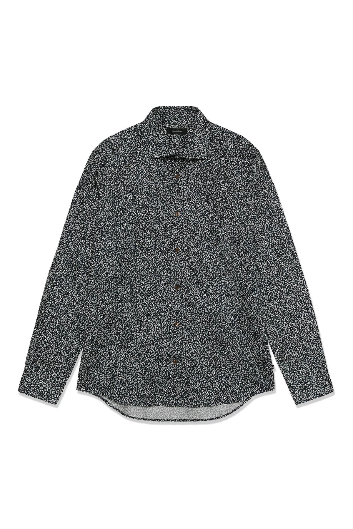 Front view of men's dark green long sleeve button-up shirt with white floral vine print by Matinique