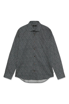 Front view of men's dark green long sleeve button-up shirt with white floral vine print by Matinique