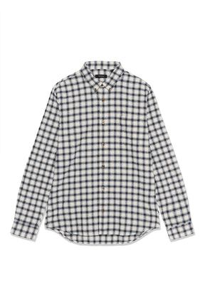 Matinique men's ivory and navy plaid long sleeve button-down shirt with curved hem shown from the front