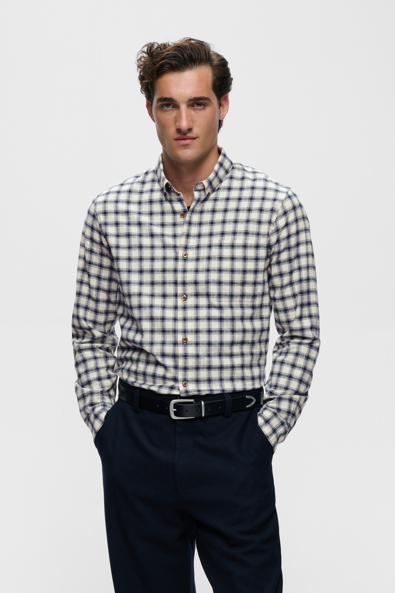 Matinique men's ivory and navy plaid long sleeve shirt with button-down collar, front waist-up view