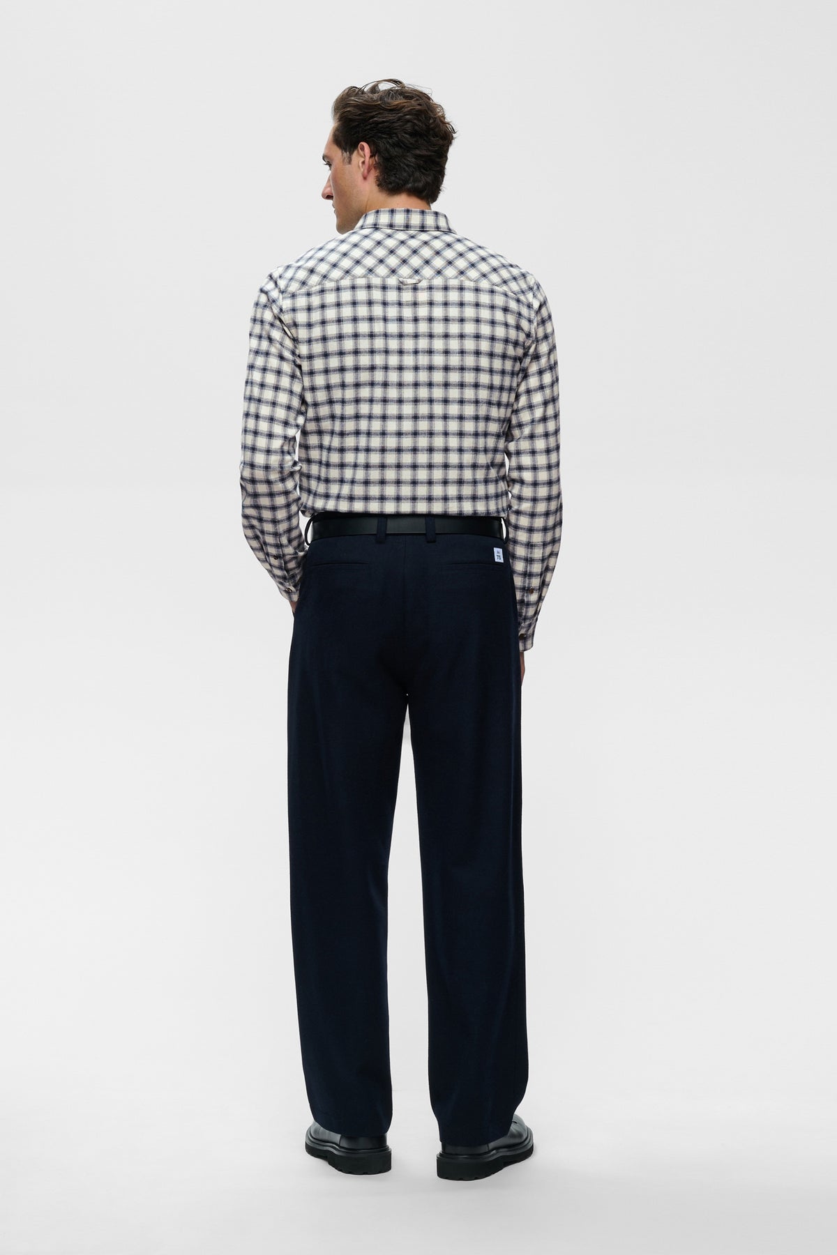 Matinique men's ivory and navy plaid long sleeve shirt with yoke and small locker loop, back view