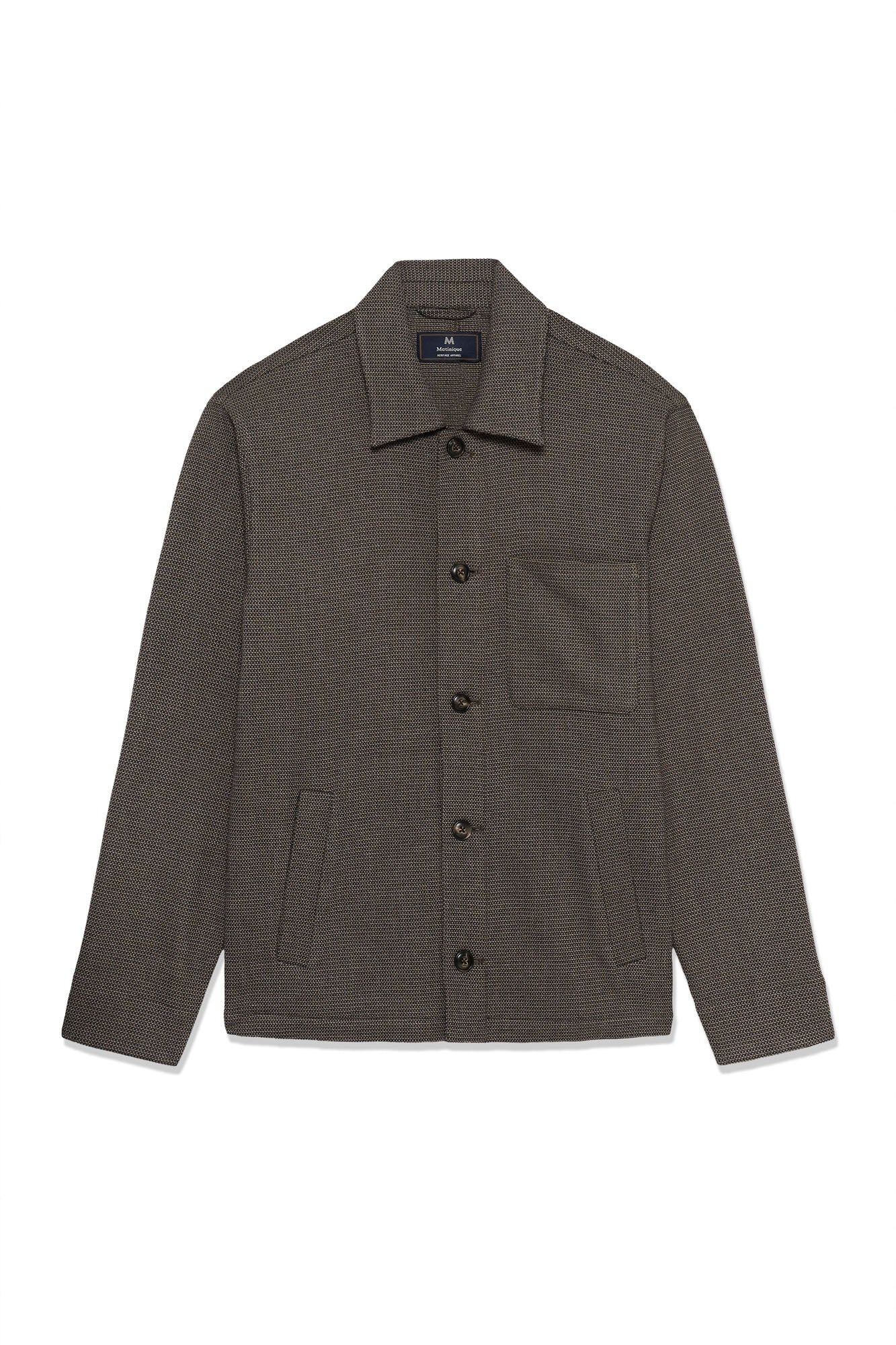 Matinique men's flat front product view of a brown-gray textured overshirt with button closure and pockets